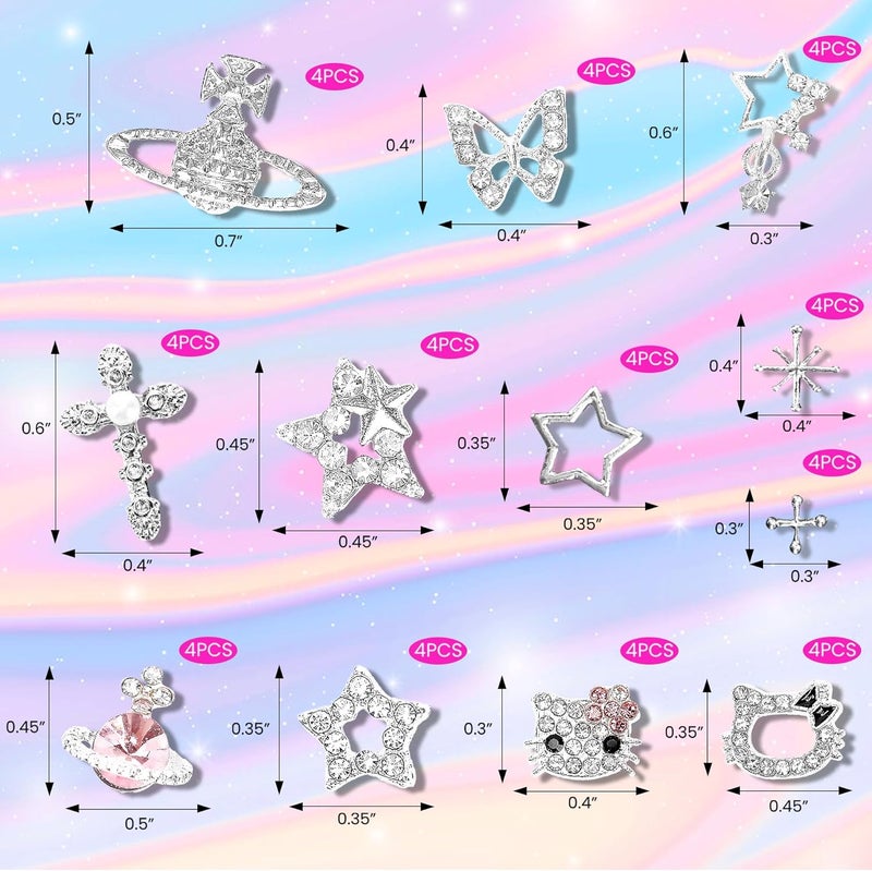 KYLELOVE Nail Charms and Gems, 48 PCS Y2K Kawaii Nail Charm 3D Silver Butterfly Star Nail Charms Rhinestone Charms for Nails Art Craft DIY Decoration - Image 3