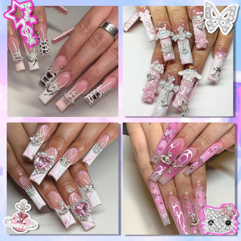 KYLELOVE Nail Charms and Gems, 48 PCS Y2K Kawaii Nail Charm 3D Silver Butterfly Star Nail Charms Rhinestone Charms for Nails Art Craft DIY Decoration - Image 4