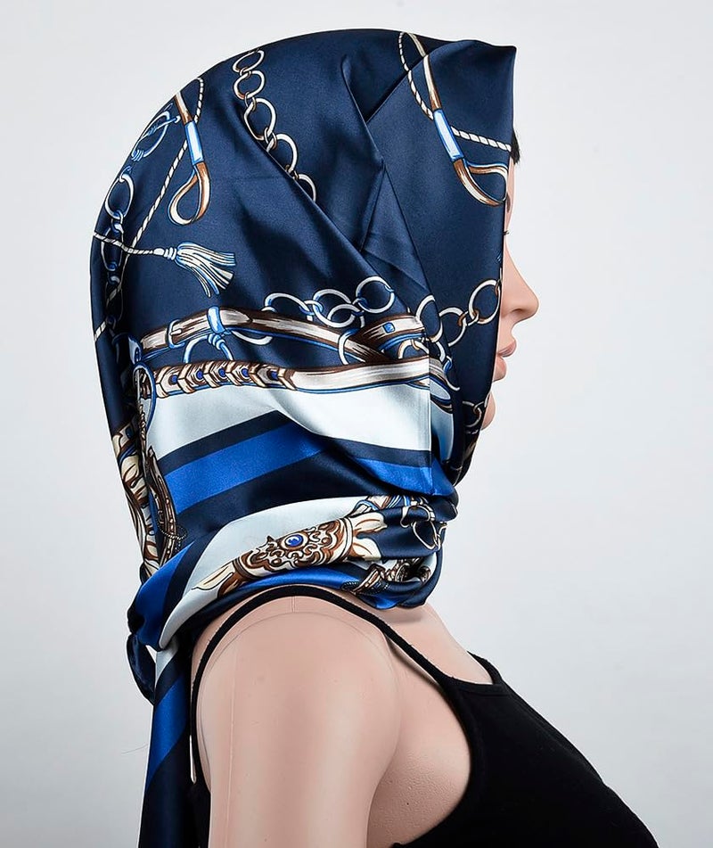 corciova 2 Pcs 35 Square Hair Scarf Black Women Silk Headband Tie Sleeping at Night Bandanas Headscarf Chains (Navy Black) - Image 3