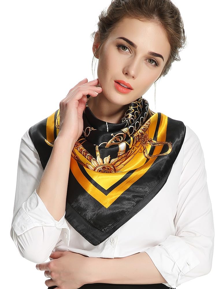 corciova 2 Pcs 35 Square Hair Scarf Black Women Silk Headband Tie Sleeping at Night Bandanas Headscarf Chains (Navy Black) - Image 5