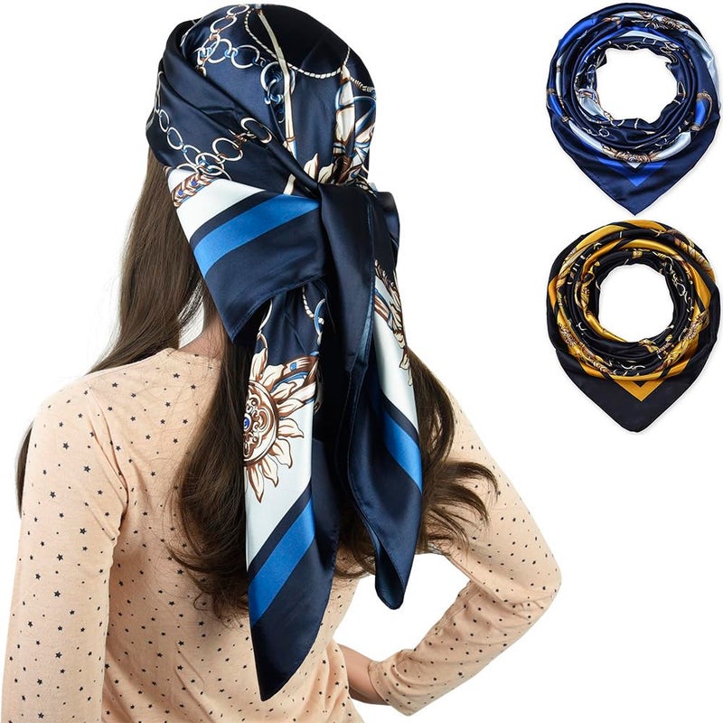 corciova 2 Pcs 35 Square Hair Scarf Black Women Silk Headband Tie Sleeping at Night Bandanas Headscarf Chains (Navy Black) - Image 1