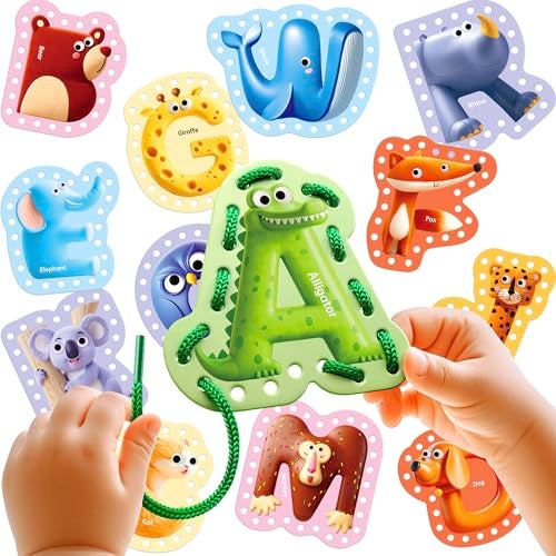 Dotimo kids Dotimo Lacing Cards 26PCS Double Sided Uppercase Sewing Cards 26 Animal Alphabet Games for Kids Ages 35 Preschool Learning Quiet Time Activities - Image 1