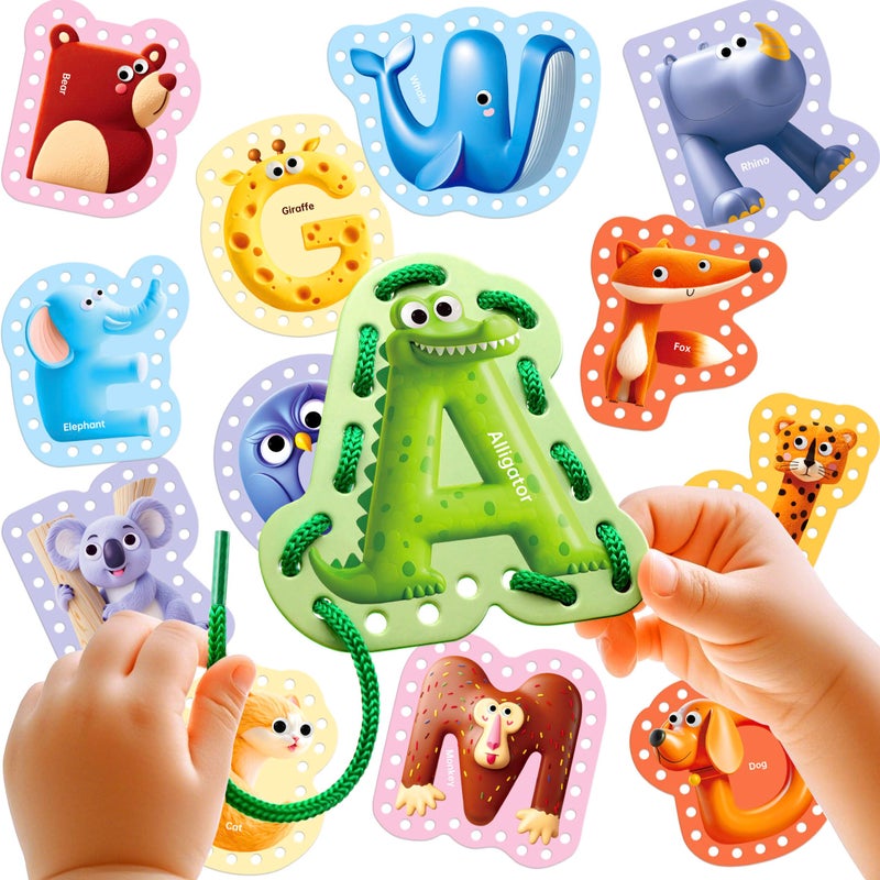 Dotimo kids Dotimo Lacing Cards 26PCS Double Sided Uppercase Sewing Cards 26 Animal Alphabet Games for Kids Ages 35 Preschool Learning Quiet Time Activities - Image 3