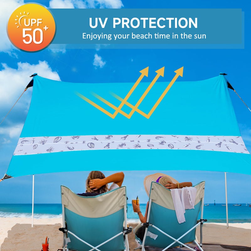 VILLEY Beach Tent Sun Shelter with UPF50+ Protection for 5 Person, 8x7FT Portable Sun Shade with 2 Stability Poles and 4 Sandbags, Outdoor Beach Canopy for Camping, Picnics, Fishing, Outdoors(Blue) - Image 3