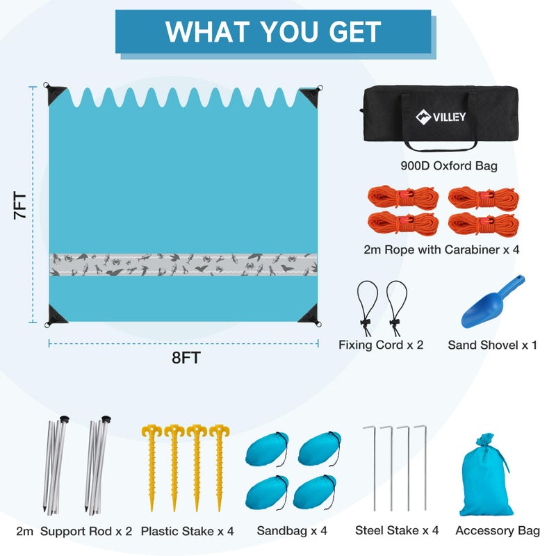 VILLEY Beach Tent Sun Shelter with UPF50+ Protection for 5 Person, 8x7FT Portable Sun Shade with 2 Stability Poles and 4 Sandbags, Outdoor Beach Canopy for Camping, Picnics, Fishing, Outdoors(Blue) - Image 2