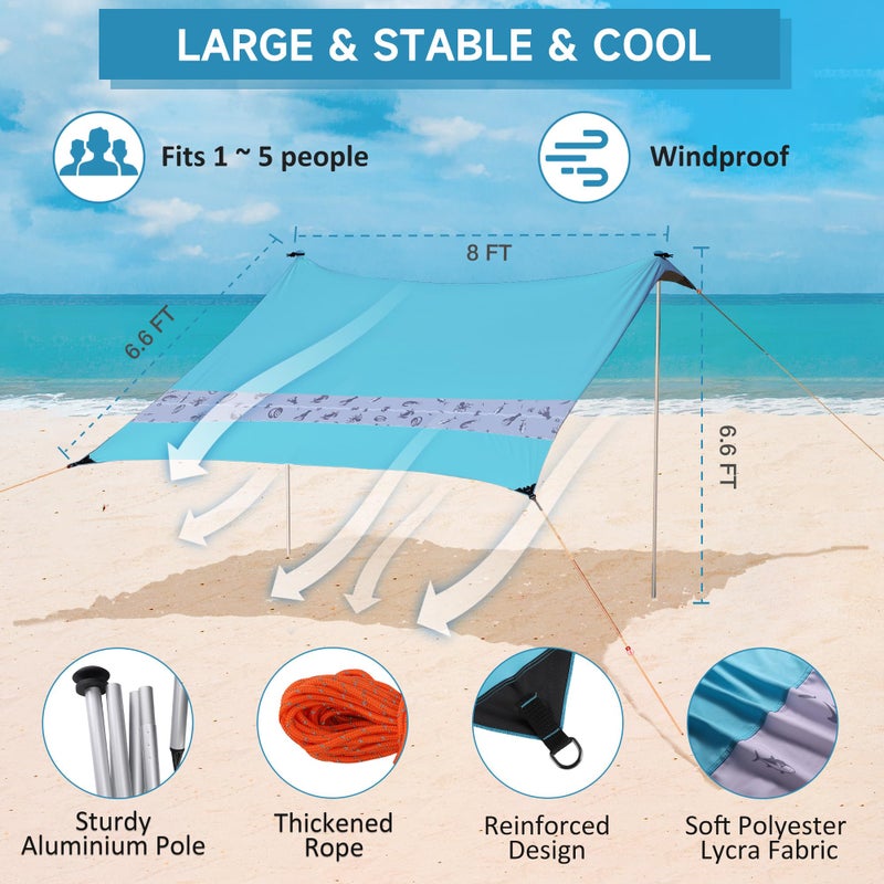 VILLEY Beach Tent Sun Shelter with UPF50+ Protection for 5 Person, 8x7FT Portable Sun Shade with 2 Stability Poles and 4 Sandbags, Outdoor Beach Canopy for Camping, Picnics, Fishing, Outdoors(Blue) - Image 4