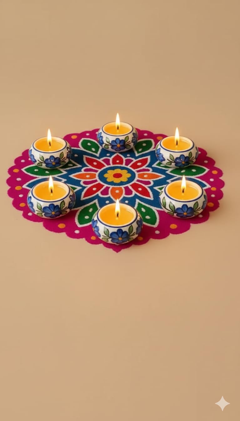 Niyara Handmade Earthenware Clay Decorative Bowl, Urli, Flower Pot, Decorative diyas (Multi Color) (Blue Floral Diya Set of 6) - Image 1