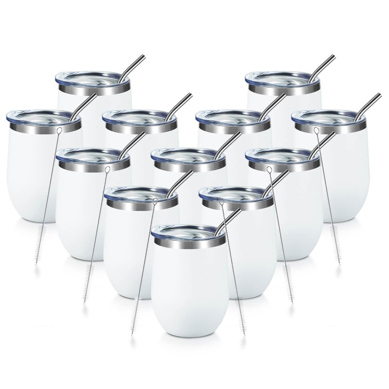 COMOOO 12oz Stainless Steel Wine Tumbler Lid and Straw Double Wall Vacuum Insulated Wine Tumbler Cup Stemless Wine Tumbler Coffee Wine Cocktails Ice Cream Cup White12 Pack