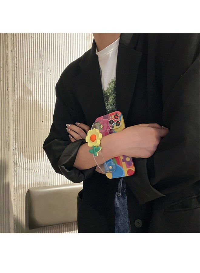 HY Compatible with iPhone 15 Pro Max Case 6.7 Inch,Crossbody Phone Cover with Strap and Wrist Band Kickstand, Unique Cute Kawaii Colorful Painting Flowers Design Phone Shell for iPhone 15 Pro Max  - Image 2