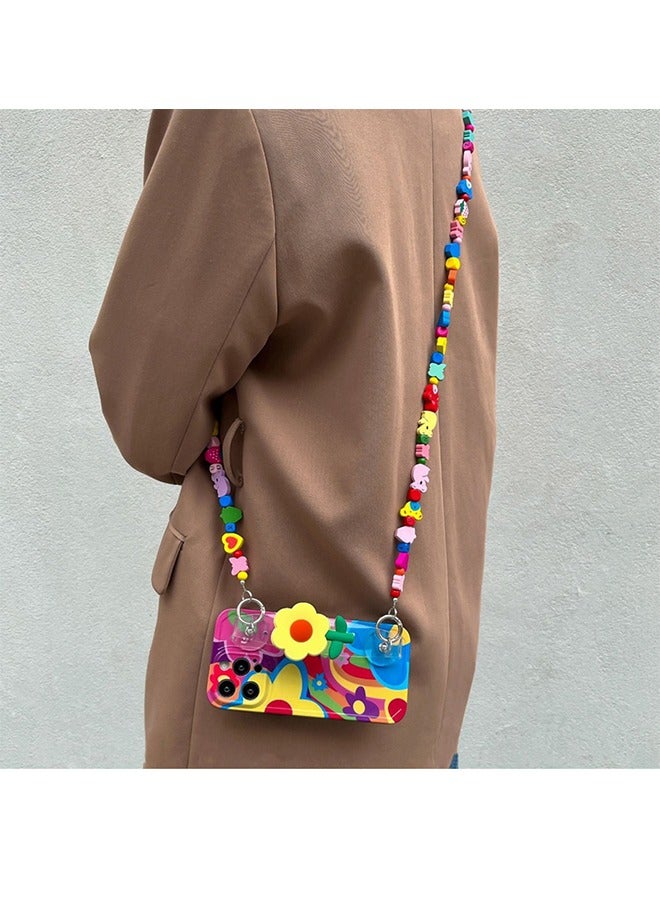 HY Compatible with iPhone 15 Pro Max Case 6.7 Inch,Crossbody Phone Cover with Strap and Wrist Band Kickstand, Unique Cute Kawaii Colorful Painting Flowers Design Phone Shell for iPhone 15 Pro Max  - Image 4