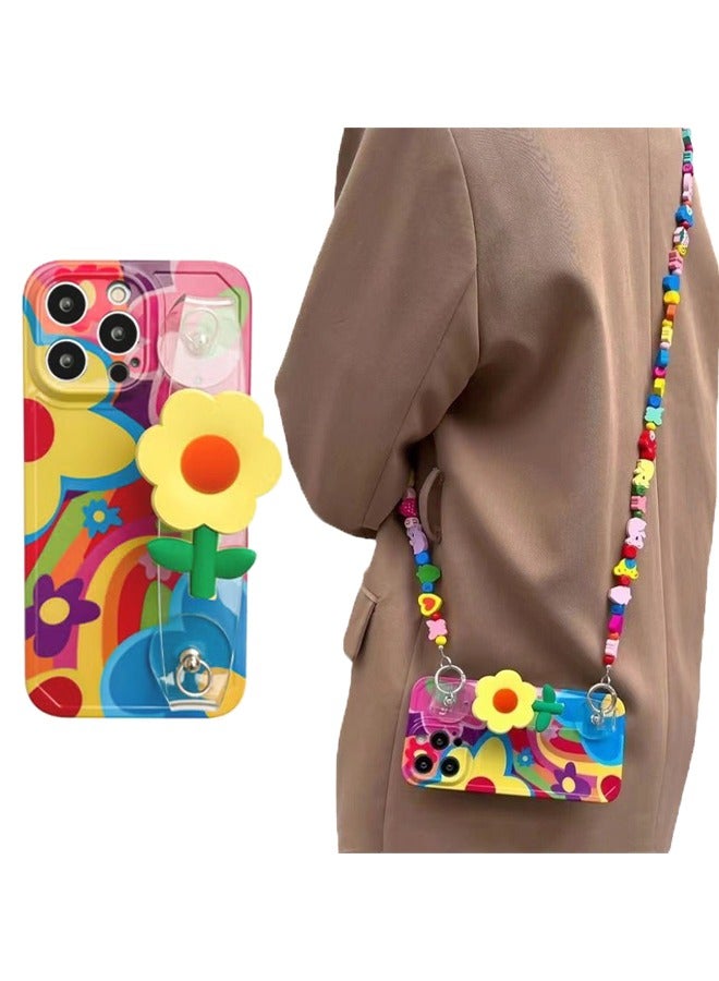 HY Compatible with iPhone 15 Pro Max Case 6.7 Inch,Crossbody Phone Cover with Strap and Wrist Band Kickstand, Unique Cute Kawaii Colorful Painting Flowers Design Phone Shell for iPhone 15 Pro Max  - Image 1