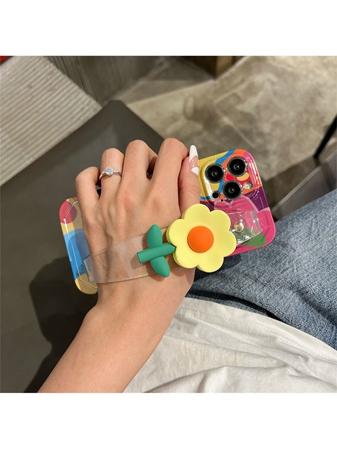 HY Compatible with iPhone 15 Pro Max Case 6.7 Inch,Crossbody Phone Cover with Strap and Wrist Band Kickstand, Unique Cute Kawaii Colorful Painting Flowers Design Phone Shell for iPhone 15 Pro Max  - Image 3