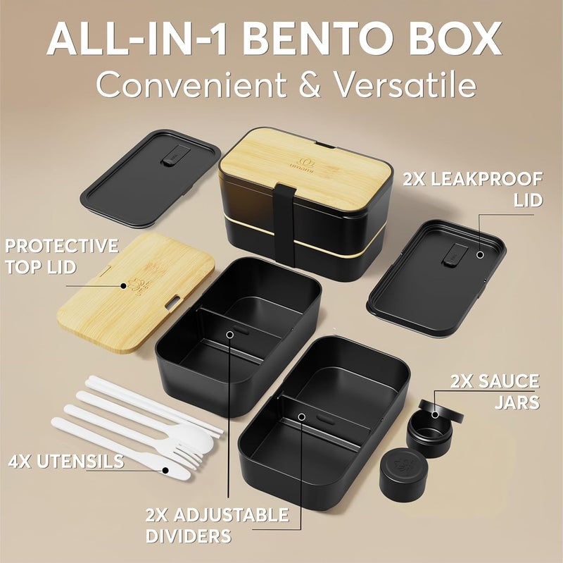 UMAMI Bento Box All-in-1 w/ 4 Utensils, 100% Leakproof, Dishwasher & Microwave Safe Lunch Containers for Adults w/ 4 Compartments, Black & Tan, 50 oz - Image 5