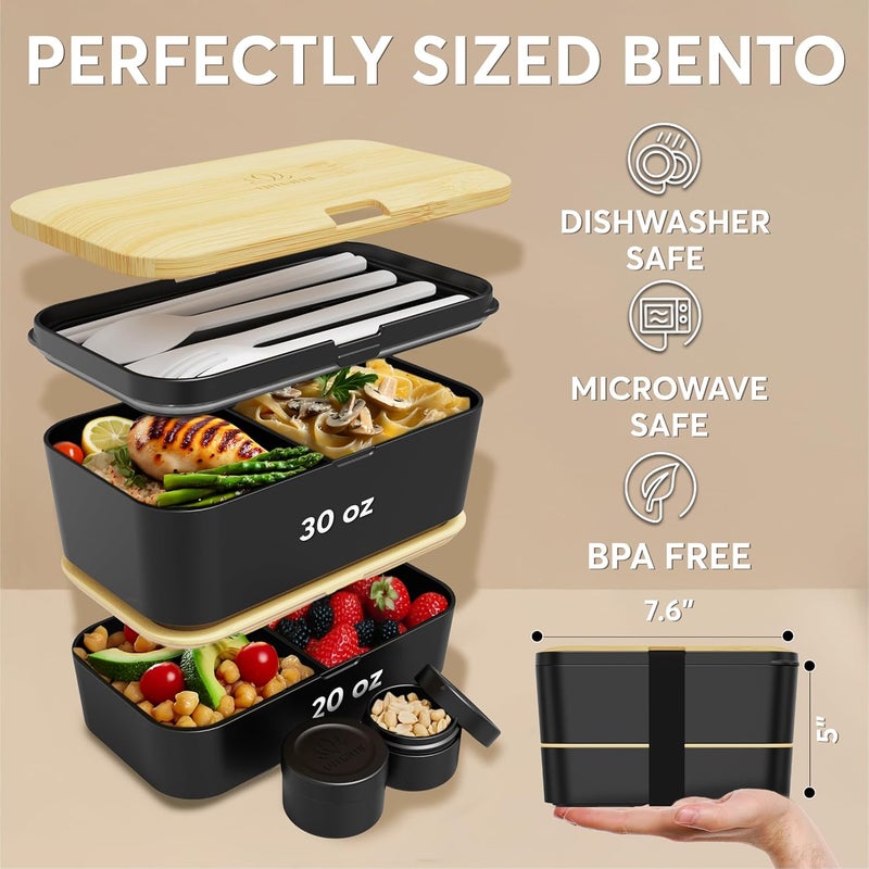 UMAMI Bento Box All-in-1 w/ 4 Utensils, 100% Leakproof, Dishwasher & Microwave Safe Lunch Containers for Adults w/ 4 Compartments, Black & Tan, 50 oz - Image 3