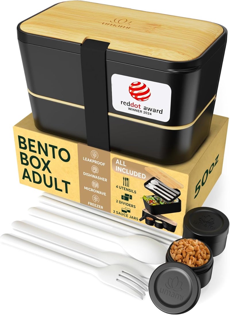 UMAMI Bento Box All-in-1 w/ 4 Utensils, 100% Leakproof, Dishwasher & Microwave Safe Lunch Containers for Adults w/ 4 Compartments, Black & Tan, 50 oz - Image 1