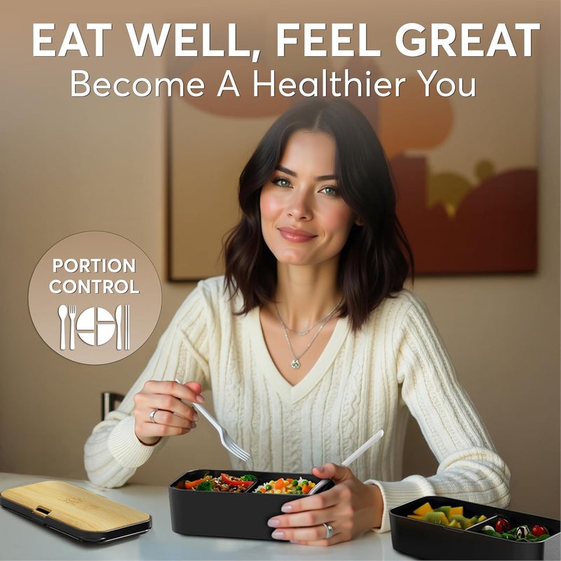UMAMI Bento Box All-in-1 w/ 4 Utensils, 100% Leakproof, Dishwasher & Microwave Safe Lunch Containers for Adults w/ 4 Compartments, Black & Tan, 50 oz - Image 2