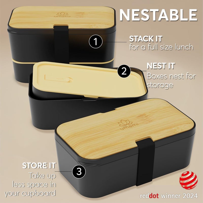 UMAMI Bento Box All-in-1 w/ 4 Utensils, 100% Leakproof, Dishwasher & Microwave Safe Lunch Containers for Adults w/ 4 Compartments, Black & Tan, 50 oz - Image 4