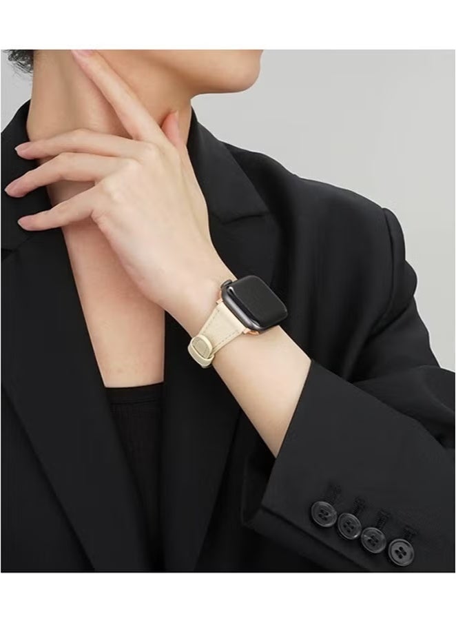 Apple Watch Leather Band Women’s - Premium Top Grain Genuine Leather Strap, Ultra-Thin Design for 38/40/41mm Series 1-10/SE/ULTRA 2, Off-White Neutral Watch Wristband - Image 4
