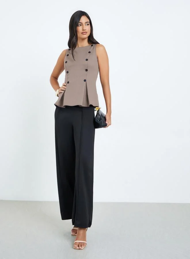ستايلي Styli Brown Tailored Peplum Top with Button Detail
