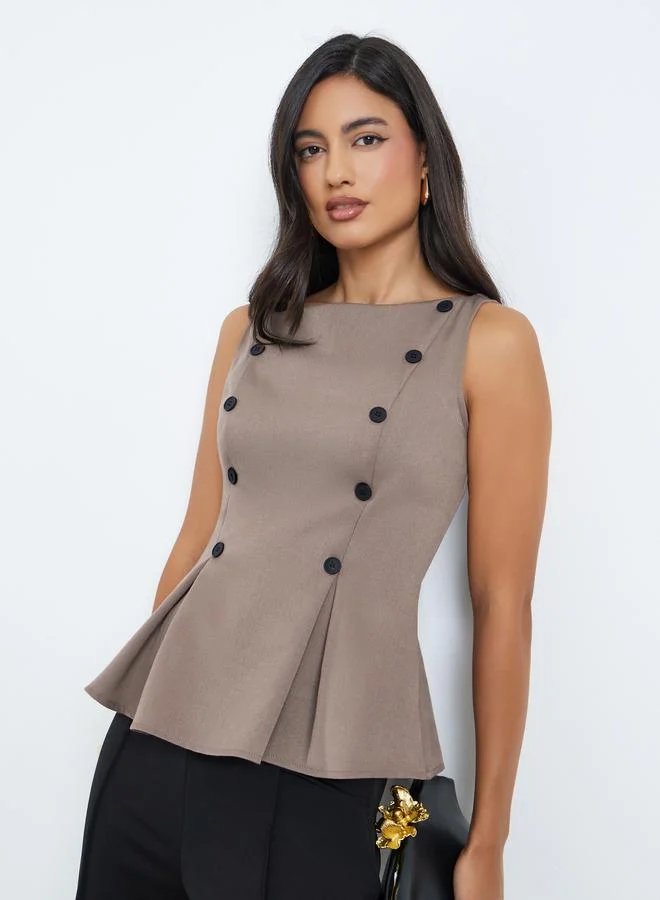 ستايلي Styli Brown Tailored Peplum Top with Button Detail