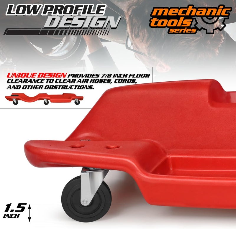 M-AUTO 48" Ergonomic Rolling Garage Shop Creeper with Padded Headrest and Dual Tool Trays - Image 5