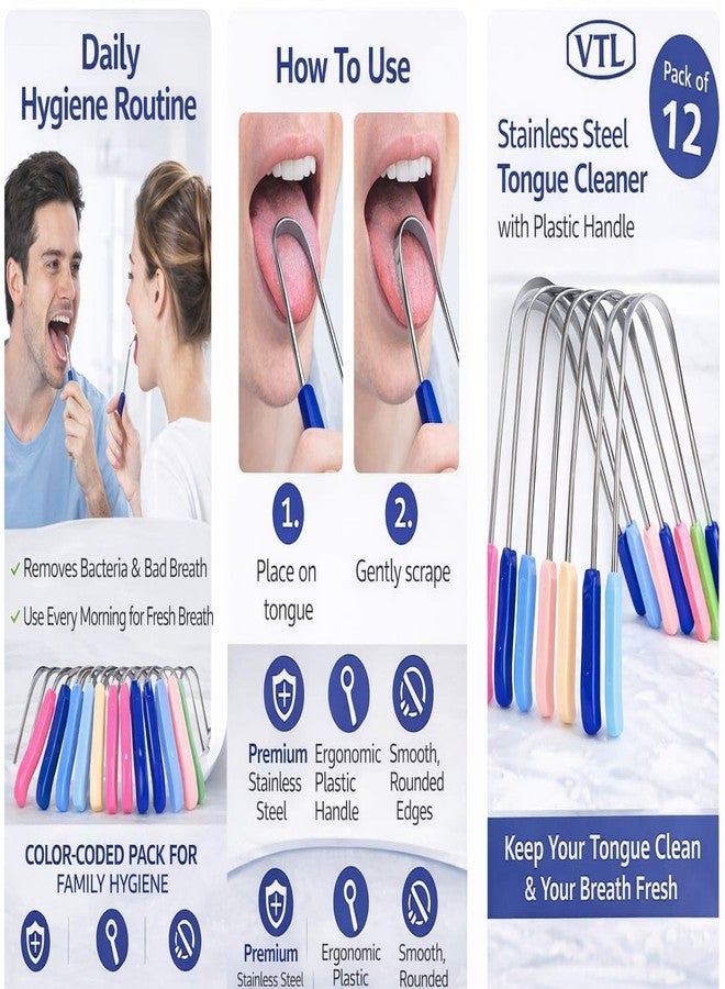 VTL Stainless Steel Tongue Cleaner with Plastic Handle | Anti-Slip Grip Tongue Scraper | Smooth Edges | Fresh Breath | Pack of 12 (Multicolor) - Image 3