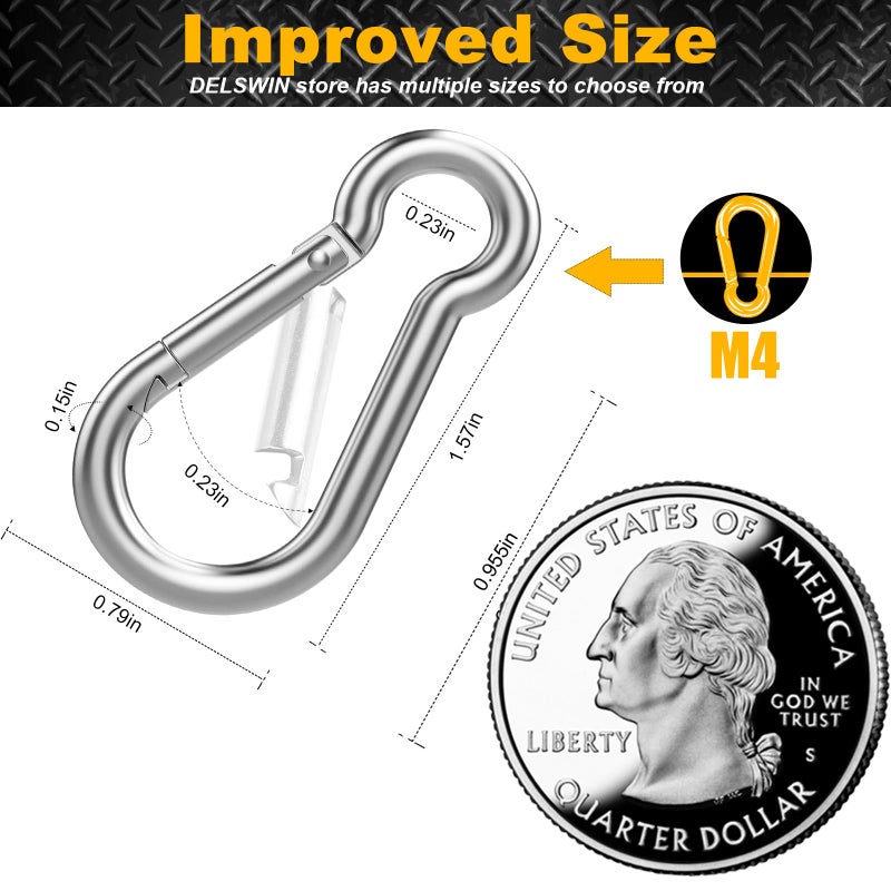 DELSWIN 12 Pcs Small Carabiner Clip - Stainless Steel Spring Snap Hook For Bird Feeders Or Dog Leash & Harness Quick Link Keychain(M4 40Mm Can Hold 150Lbs) - Image 2