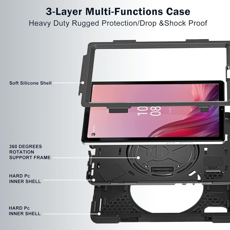 Procases For Lenovo Tab M9 Case 9 Inch 2023, Heavy Duty Shockproof Rugged Protective Cover Rotating Kickstand With Handle Holder Shoulder Strap For Lenovo Tb-310Fu Tablet –Black - Image 4