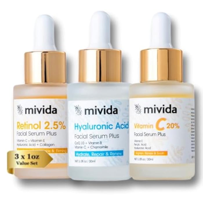 mivida Anti-Aging Serum Trio| 20% Vitamin C + Hyaluronic Acid + 2.5% Retinol Serums For Face | Brightening & Hydrating Skincare Set | Reduces Wrinkles & Fine Lines 3x1floz - Image 1