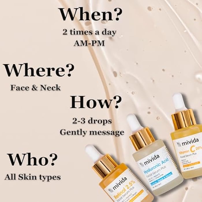 mivida Anti-Aging Serum Trio| 20% Vitamin C + Hyaluronic Acid + 2.5% Retinol Serums For Face | Brightening & Hydrating Skincare Set | Reduces Wrinkles & Fine Lines 3x1floz - Image 5