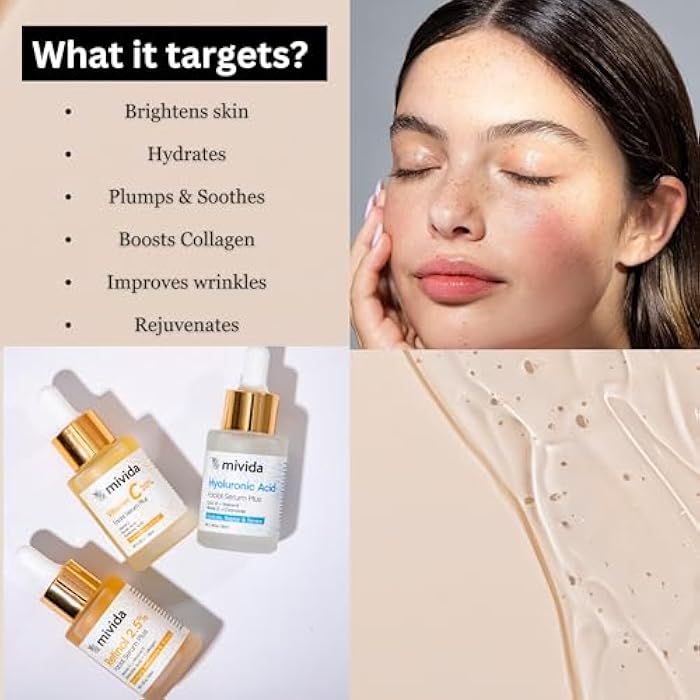 mivida Anti-Aging Serum Trio| 20% Vitamin C + Hyaluronic Acid + 2.5% Retinol Serums For Face | Brightening & Hydrating Skincare Set | Reduces Wrinkles & Fine Lines 3x1floz - Image 2