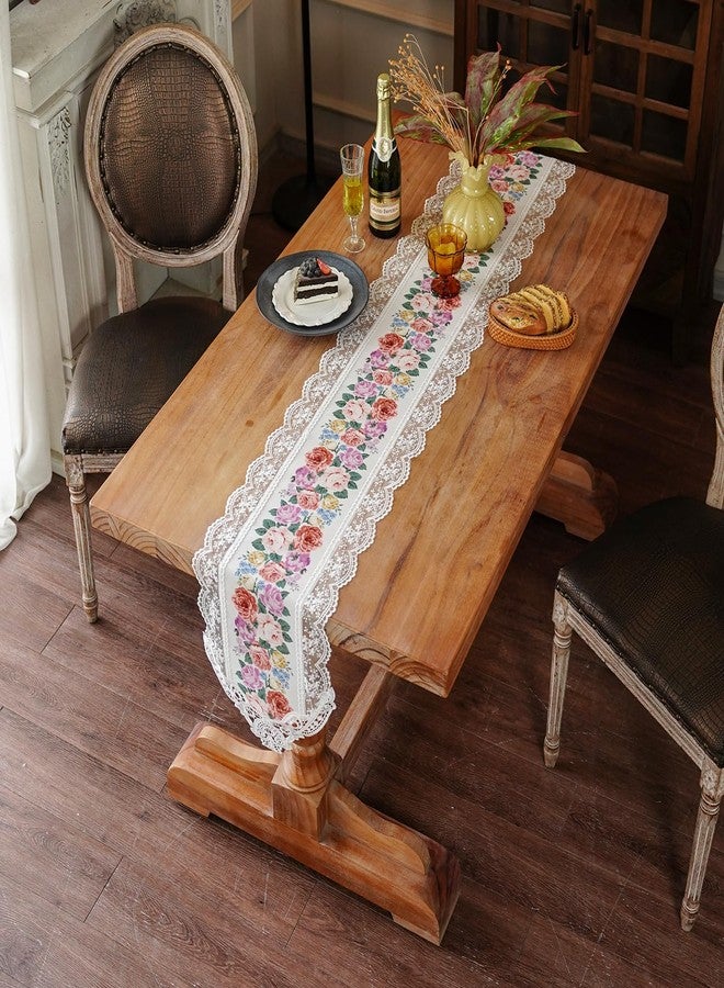 ARTABLE Table Runners Digital Printing Designs with Embroidered Lace Dresser Scarf Exquisite Vintage Shabby Chic for Holiday Wedding Long Dinner Tables (Rose, 12 x 108'') - Image 4