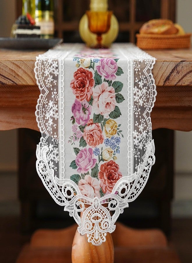 ARTABLE Table Runners Digital Printing Designs with Embroidered Lace Dresser Scarf Exquisite Vintage Shabby Chic for Holiday Wedding Long Dinner Tables (Rose, 12 x 108'') - Image 1