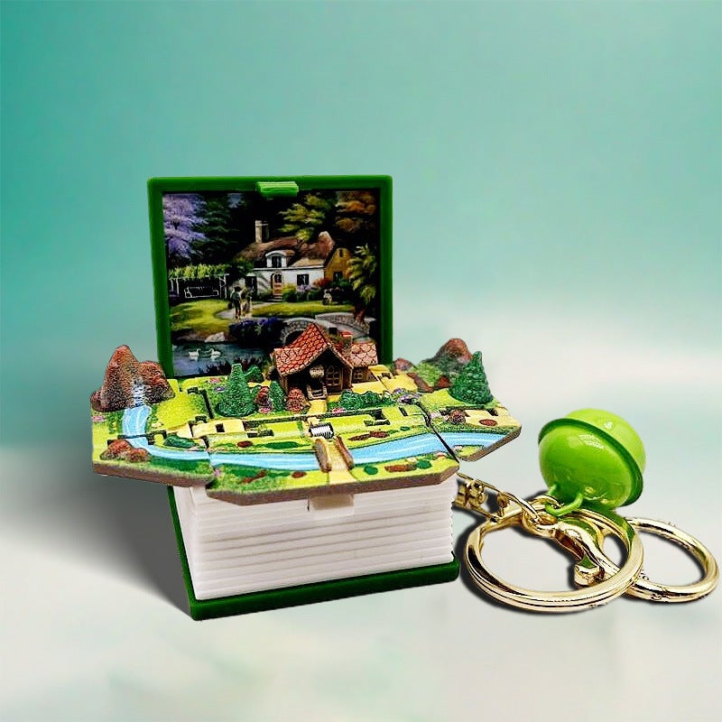 Key Chain Hanging Cartoon 3D Three-dimensional Fantasy World Magic Book Pendant Gift Bag Keychain Wholesale Doll Pastoral folding book [green] bag