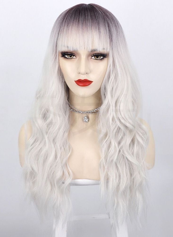 إستيل شعر مستعار طويل مجعد أوروبي وأمريكي مموج من الألياف الأنثوية غطاء رأس كامل متدرج رمادي - Image 1