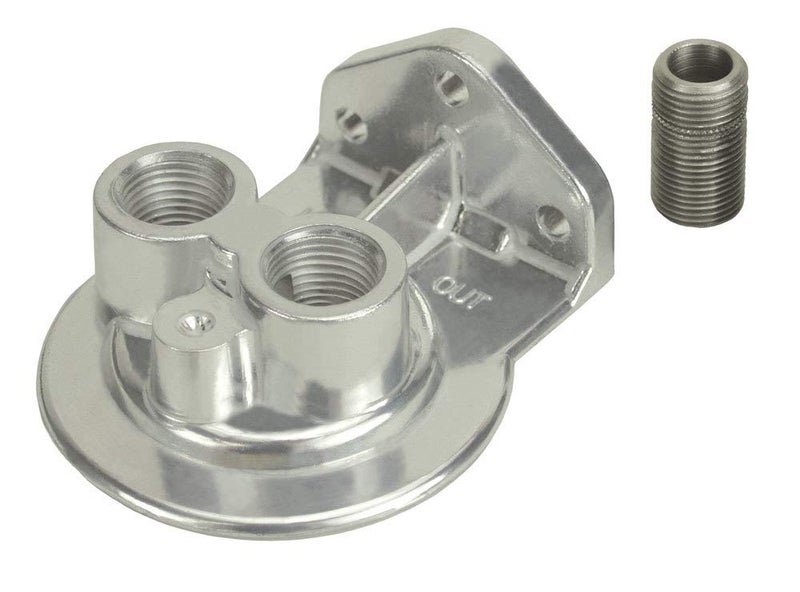 Derale Oil Filter Mount Ports Up 12 in NPT Female Ports 3416 in Center Thread Aluminum Polished Universal Each