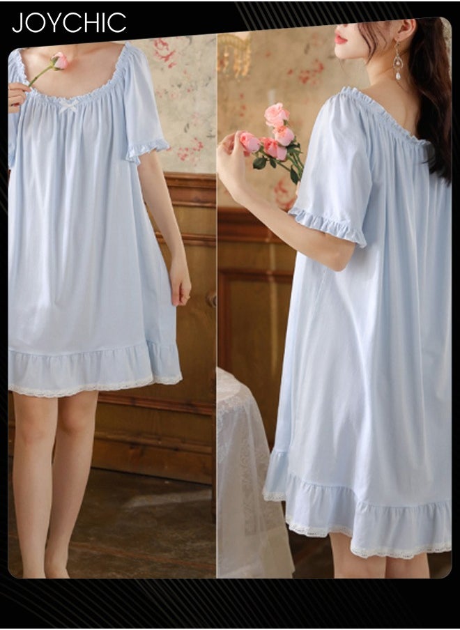 Joychic Sweet Palace Style Short-sleeved Nightgown for Women Summer Cotton Loose Mid-length Home Clothes Soft and Comfortable Pajamas Blue  - Image 3
