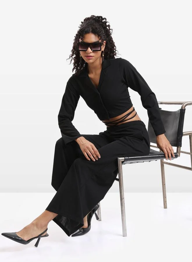 كيتش Solid Crop Top & Palazzo Pants With Waist Tie Up Detail Co-Ords Set by Styli