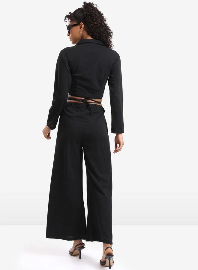 كيتش Solid Crop Top & Palazzo Pants With Waist Tie Up Detail Co-Ords Set by Styli