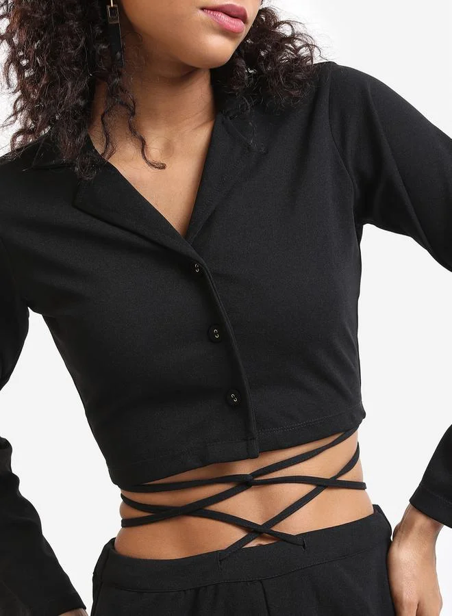 كيتش Solid Crop Top & Palazzo Pants With Waist Tie Up Detail Co-Ords Set by Styli