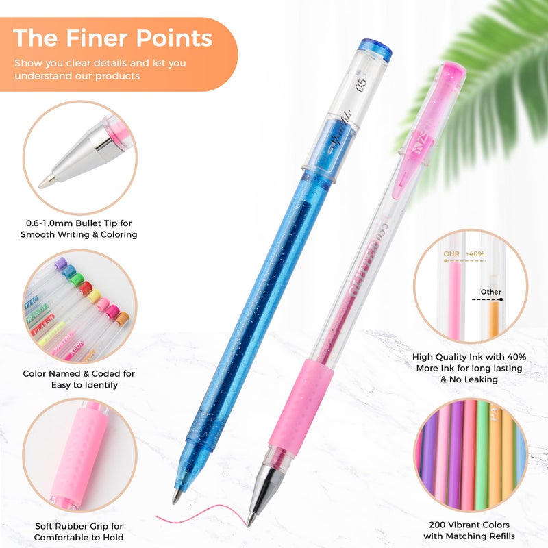 ZSCM 400 Pack Gel Pens for Adult Coloring Book, 200 Artist Colored Pens With 200 Refills, Fine Tip Metallic Glitter Gel Pens for Drawing Doodling Journaling Craft Art Supplies - Image 2