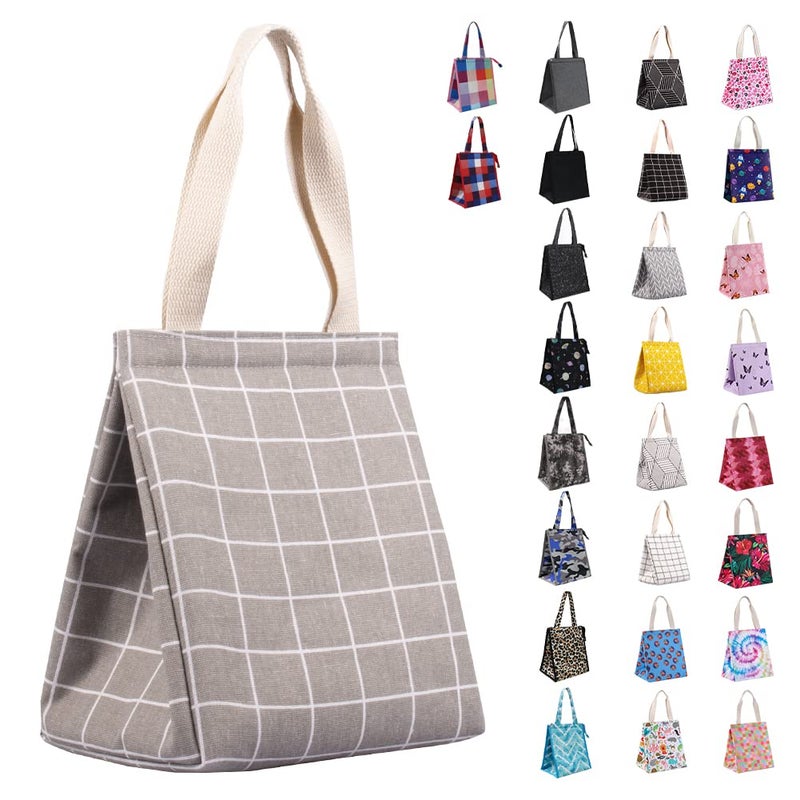 iknoe Insulated Lunch Bag for Women Adults 9L Foldable WideOpen Cooler Bag with Pockets Leakproof Portable for Picnic Office BeachGray grid