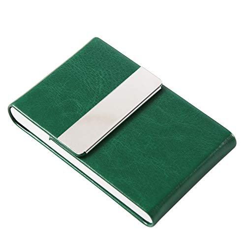 JuneLsy Business Card Holder Case - Professional PU Leather Metal Name Card Holder Pocket Business Card Carrier for Men & Women with Magnetic Shut (S-Dark green) - Image 1