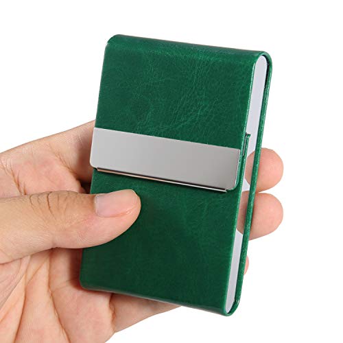 JuneLsy Business Card Holder Case - Professional PU Leather Metal Name Card Holder Pocket Business Card Carrier for Men & Women with Magnetic Shut (S-Dark green) - Image 3
