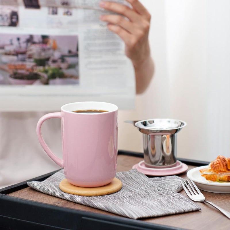 CEEFU Porcelain Tea Mug with Infuser and Lid, Teaware with Filter and Coaster, Loose Leaf Tea Cup Steeper Maker, 16 OZ for Tea/Coffee/Milk/Women/Office/Home/Gift (Pink) - Image 2