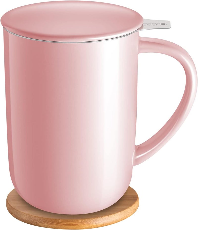 CEEFU Porcelain Tea Mug with Infuser and Lid, Teaware with Filter and Coaster, Loose Leaf Tea Cup Steeper Maker, 16 OZ for Tea/Coffee/Milk/Women/Office/Home/Gift (Pink) - Image 1