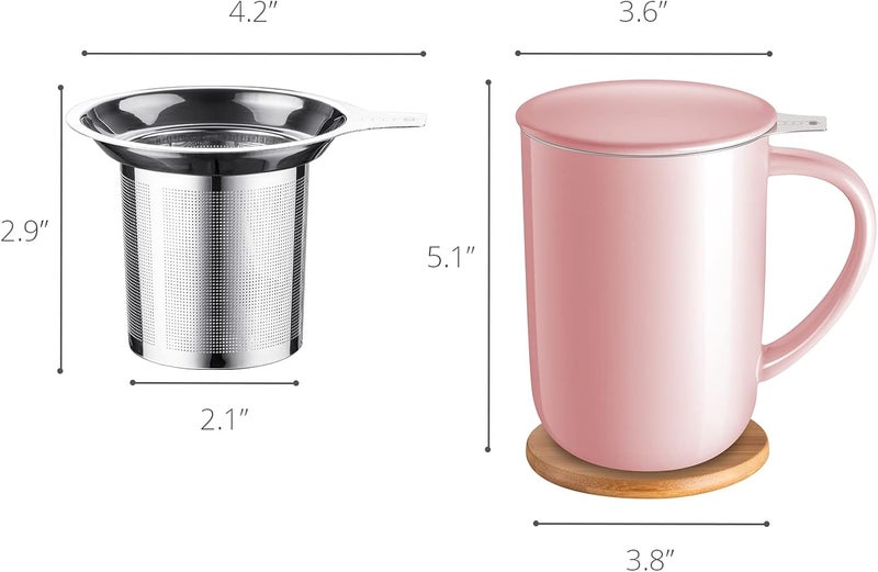 CEEFU Porcelain Tea Mug with Infuser and Lid, Teaware with Filter and Coaster, Loose Leaf Tea Cup Steeper Maker, 16 OZ for Tea/Coffee/Milk/Women/Office/Home/Gift (Pink) - Image 4