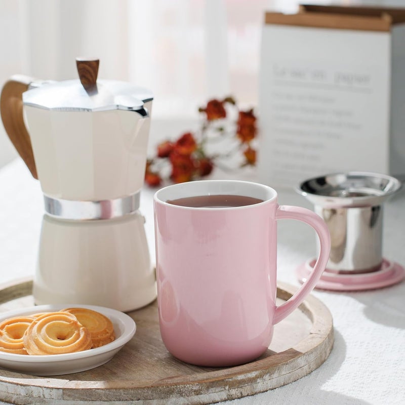 CEEFU Porcelain Tea Mug with Infuser and Lid, Teaware with Filter and Coaster, Loose Leaf Tea Cup Steeper Maker, 16 OZ for Tea/Coffee/Milk/Women/Office/Home/Gift (Pink) - Image 3