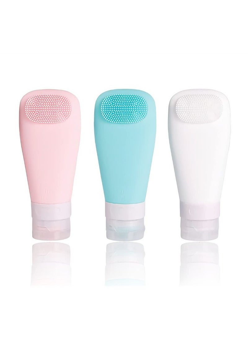 SYOSI - 3 Pack Travel Bottle Set, ELECDON Leakproof Refillable Travel Containers Set with EVA Bag and Double Sided Facial Cleansing Brushes for Lotion Liquid Shampoos, Soap and Toiletries (BPA Free, 90 ML) - Image 1