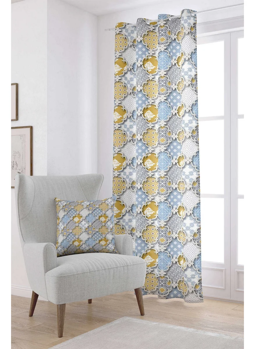 Cango Home Yellow Blue Ethnic Vintage Patterned Digital Printed Curtain CGH583-PR